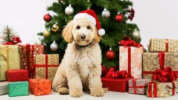 ai generato carino cane cucciolo cane da riporto con Natale regalo scatole concetto foto manifesto allegro presente rosso nuovo anno