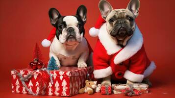 ai generato carino cane cucciolo con Natale regalo scatole concetto foto manifesto allegro presente rosso nuovo anno