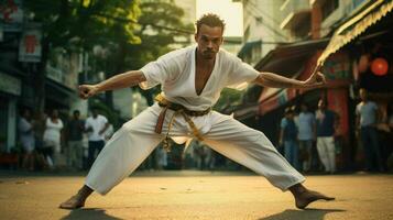 ai generato un' brasiliano capoeira professionista nel bianca Abiti foto