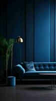 ai generato buio blu moderno stile vivente camera interno foto