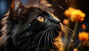 ai generato carino gattino seduta nel erba, fissando a tramonto con curiosità generato di ai foto