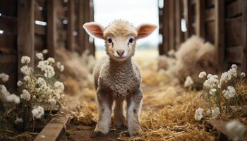 ai generato carino alpaca pascolo nel prato, fissando innocentemente a telecamera generato di ai foto