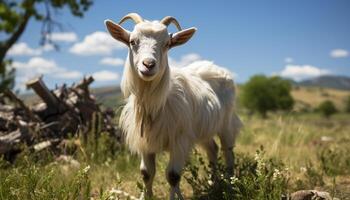 ai generato carino agnello pascolo nel verde prato su un' azienda agricola generato di ai foto