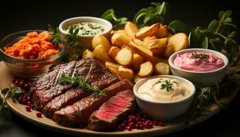 ai generato grigliato bistecca, Maiale, e verdure su un' buongustaio piatto generato di ai foto