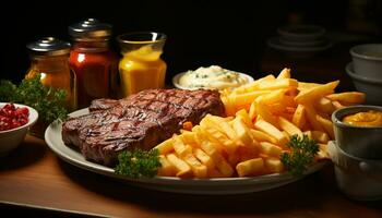 ai generato grigliato bistecca, Maiale, e patatine fritte su un' buongustaio piatto generato di ai foto