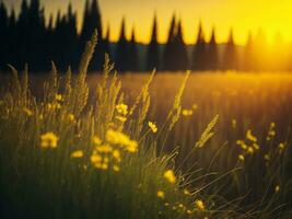 ai generato astratto morbido messa a fuoco tramonto campo paesaggio di giallo fiori e erba prato caldo d'oro ora tramonto Alba volta. tranquillo primavera estate natura avvicinamento e sfocato foresta sfondo. foto