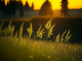 ai generato astratto morbido messa a fuoco tramonto campo paesaggio di giallo fiori e erba prato caldo d'oro ora tramonto Alba volta. tranquillo primavera estate natura avvicinamento e sfocato foresta sfondo. foto