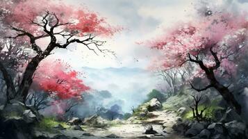 ai generato ciliegia fiorire giapponese stile acqua colore design sfondo foto