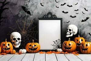 ai generato immagine telaio Halloween tema sfondo con zucca e pipistrelli foto