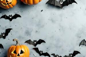 ai generato Halloween stile con zucche, pipistrelli decorazione sfondo foto
