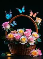 ai generato foto di il cestino con pastello colori Rose e farfalle