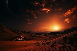 ai generato notte deserto con incendi su il sabbia nel il leggero di un' luminosa Luna su un' nuvoloso cielo. generato di artificiale intelligenza foto