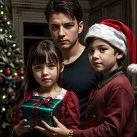 ai generato famiglia nel un' accogliente casa nel Natale foto