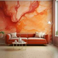 ai generato rosso e arancia miscela marmo struttura vivente camera con accogliente divano foto