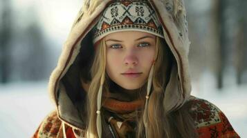 ai generato un' finlandese signora nel tradizionale sami capi di abbigliamento foto