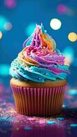 ai generato delizioso arcobaleno luccichio scintillare pastello Cupcake foto