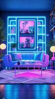 ai generato bellissimo moderno vivente camera con divano, interno impianti e neon luci foto