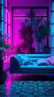 ai generato bellissimo moderno vivente camera con divano, interno impianti e neon luci foto