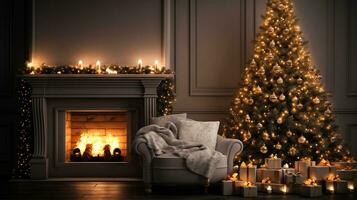 ai generato accogliente Natale vivente camera. decorato interno di camera su natale vigilia. camino con fuoco e candele, decorato Natale albero con d'oro luce, avvolto regalo scatole foto