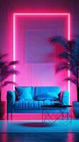 ai generato bellissimo moderno vivente camera con divano, interno impianti e neon luci foto