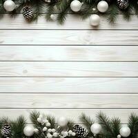 ai generato Natale sfondo con abete rami e palline su bianca di legno sfondo foto