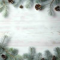 ai generato Natale sfondo con abete rami e palline su bianca di legno sfondo foto