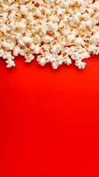 ai generato Popcorn sparpagliato su un' rosso sfondo. un' classico film Teatro merenda. Visualizza a partire dal sopra. ai generativo. ai foto