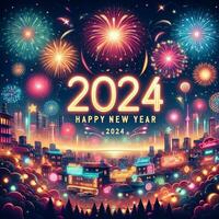 ai generato un' maestoso fuoco d'artificio Schermo si illumina il orizzonte nel un' festivo benvenuto per contento nuovo anno 2024 foto