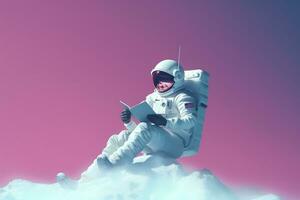 ai generato carino astronauta o astronauta seduta su cima della montagna e lettura libro. foto