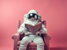 ai generato carino astronauta o astronauta seduta su cima della montagna e lettura libro. foto