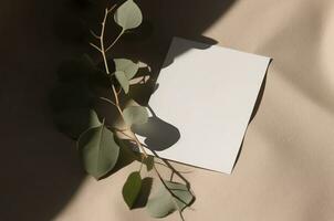 ai generato vuoto nozze invito carta finto su con naturale fiore per decorato su bianca sfondo, minimo design foto