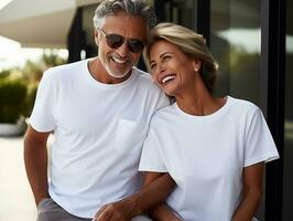 ai generato un' anziano coppia indossare bianca accoppiamento magliette modello per design modello foto
