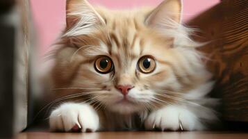 ai generato avvicinamento di curioso gatto sbirciando con intenso occhi foto