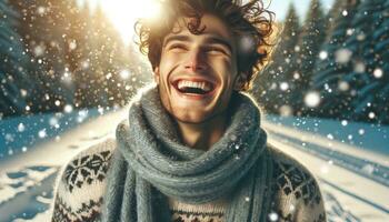 ai generato gioioso giovane uomo ridendo in mezzo nevoso inverno foresta foto