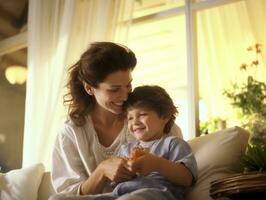 ai generato contento madre e figlio abbracciare e godendo insieme nel vivente camera, famiglia tempo concetto foto