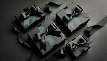 ai generato nero regalo scatole con nastro, piatto posare Visualizza foto