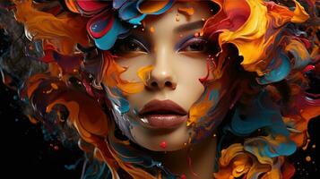 ai generato etereo fusione di fluido colori con intenso femmina ritratto foto