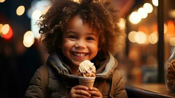 contento bambino con ghiaccio crema su città sera foto