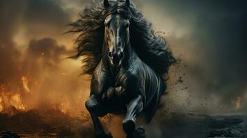maestoso nero cavallo emergente a partire dal etereo fumoso buio foto