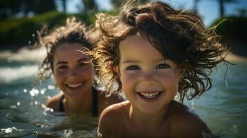 madre e figlia condivisione risata a il spiaggia foto