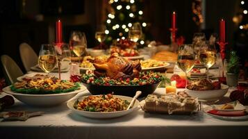 ai generato Natale cena tavolo pieno di piatti con cibo e spuntini, Natale evento foto