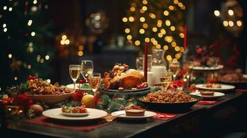 ai generato Natale cena tavolo pieno di piatti con cibo e spuntini, Natale evento foto