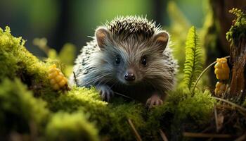 ai generato carino riccio seduta su erba, mettere in guardia nel autunno foresta generato di ai foto