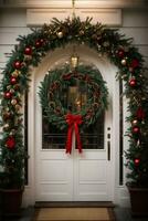 ai generato un' Natale ghirlanda su il bianca davanti porta di un' Casa. foto