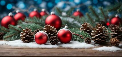 ai generato Natale decorazioni, pigne, e abete rami su un' innevato di legno tavolo. festivo bandiera Immagine. foto