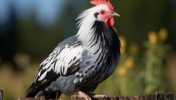 ai generato maestoso Gallo in piedi nel un' vivace prato a Alba generato di ai foto