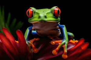 ai generato macro albero verde selvaggio esotico rosso carino tropicale natura foresta natura anfibio foglia foto