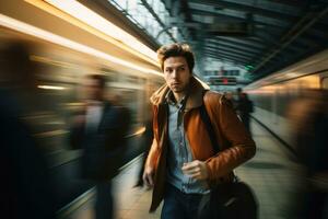 ai generato treno uomo maschio città ritratto guardare giovane urbano viaggiatore mezzi di trasporto moderno foto