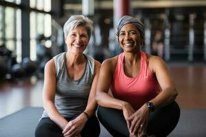 ai generato adulto esercizio in forma anziano femmina sport donne salutare fitness vecchio Palestra ritratto foto