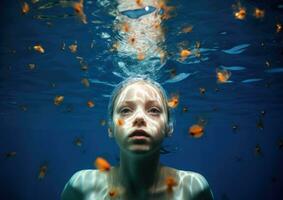 ai generato persona donna acqua stile di vita ragazza femmina sotto tuffo piscina bellezza subacqueo mare giovane foto